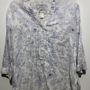 Malvin Women's White Blue Floral Print I Love Linen Button Up Blouse Size 8